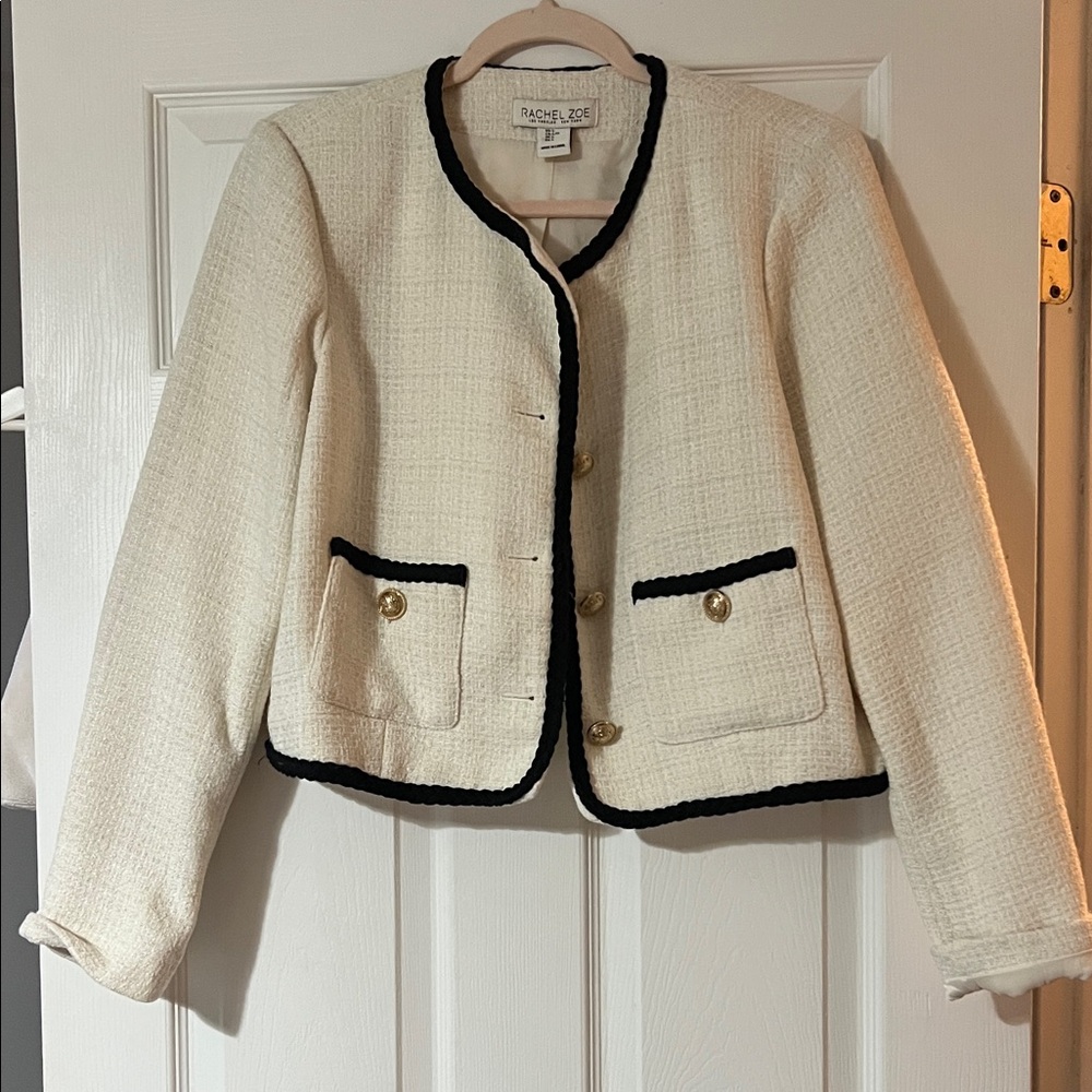 Rachel Zoe Cream Tweed Jacket with Black Trim and Gold Buttons